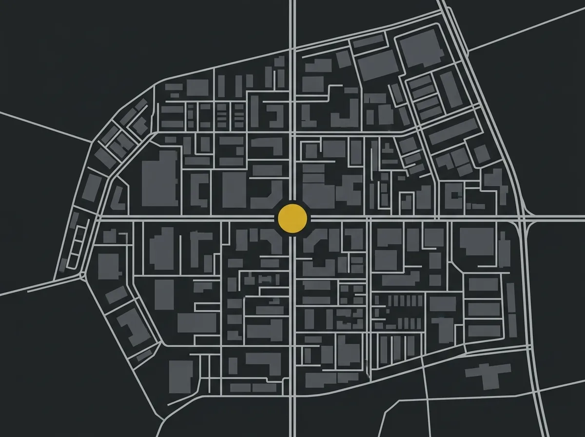 Gezeichneter Stadtplanausschnitt mit Straßen und einer gelben Markierung an der Werkstatt
