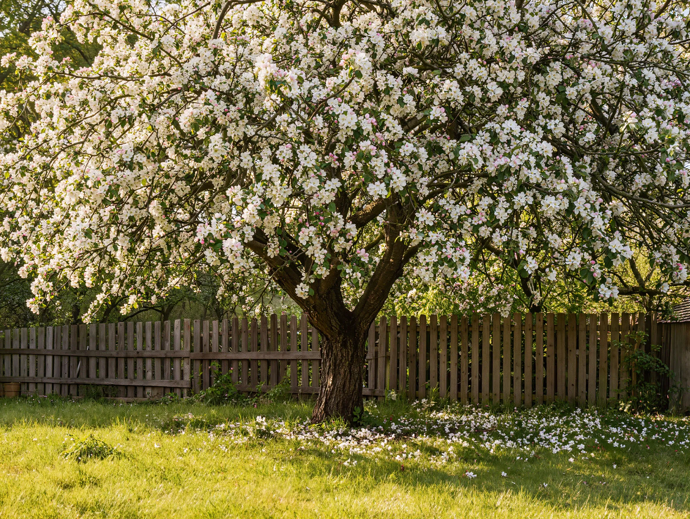Alter Apfelbaum in voller Blüte mit breiter, offener Krone vor einem Holzzaun