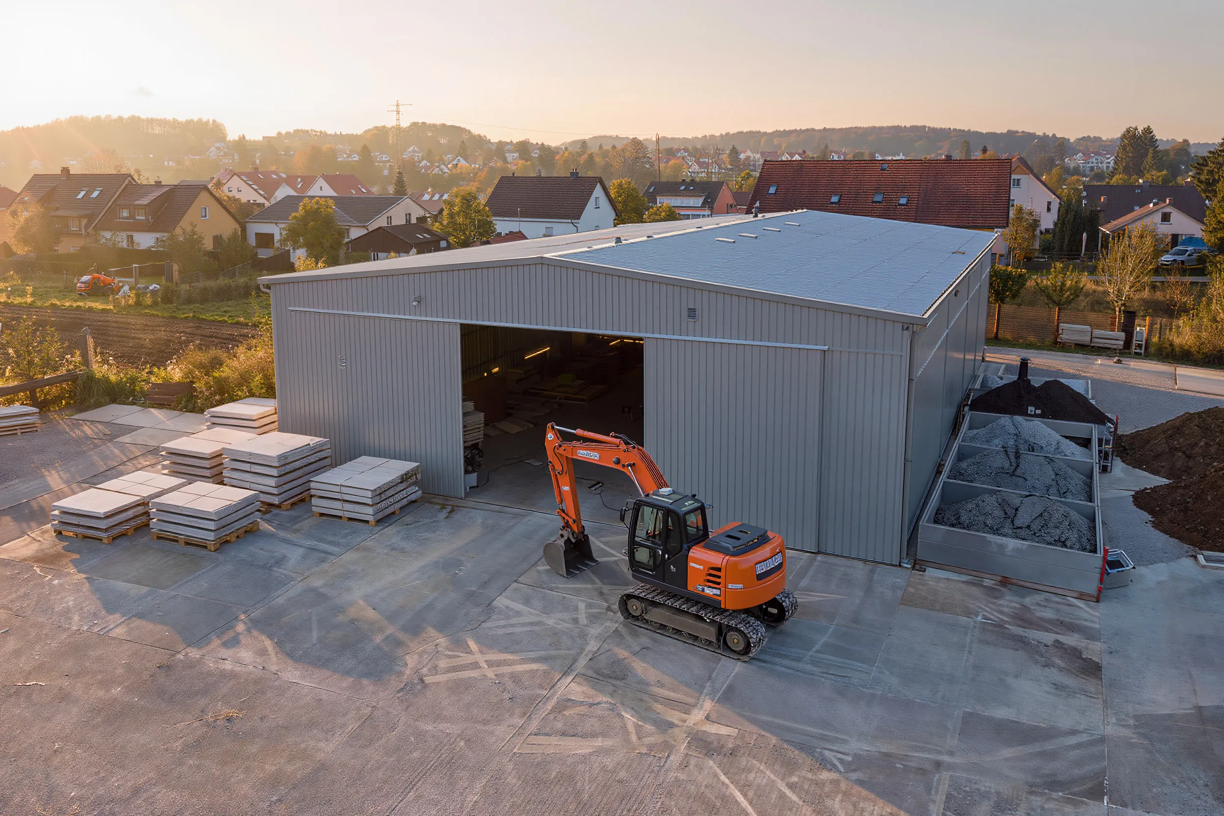Betriebshof mit Halle, Paletten mit Natursteinplatten und einem Minibagger, ohne Personen