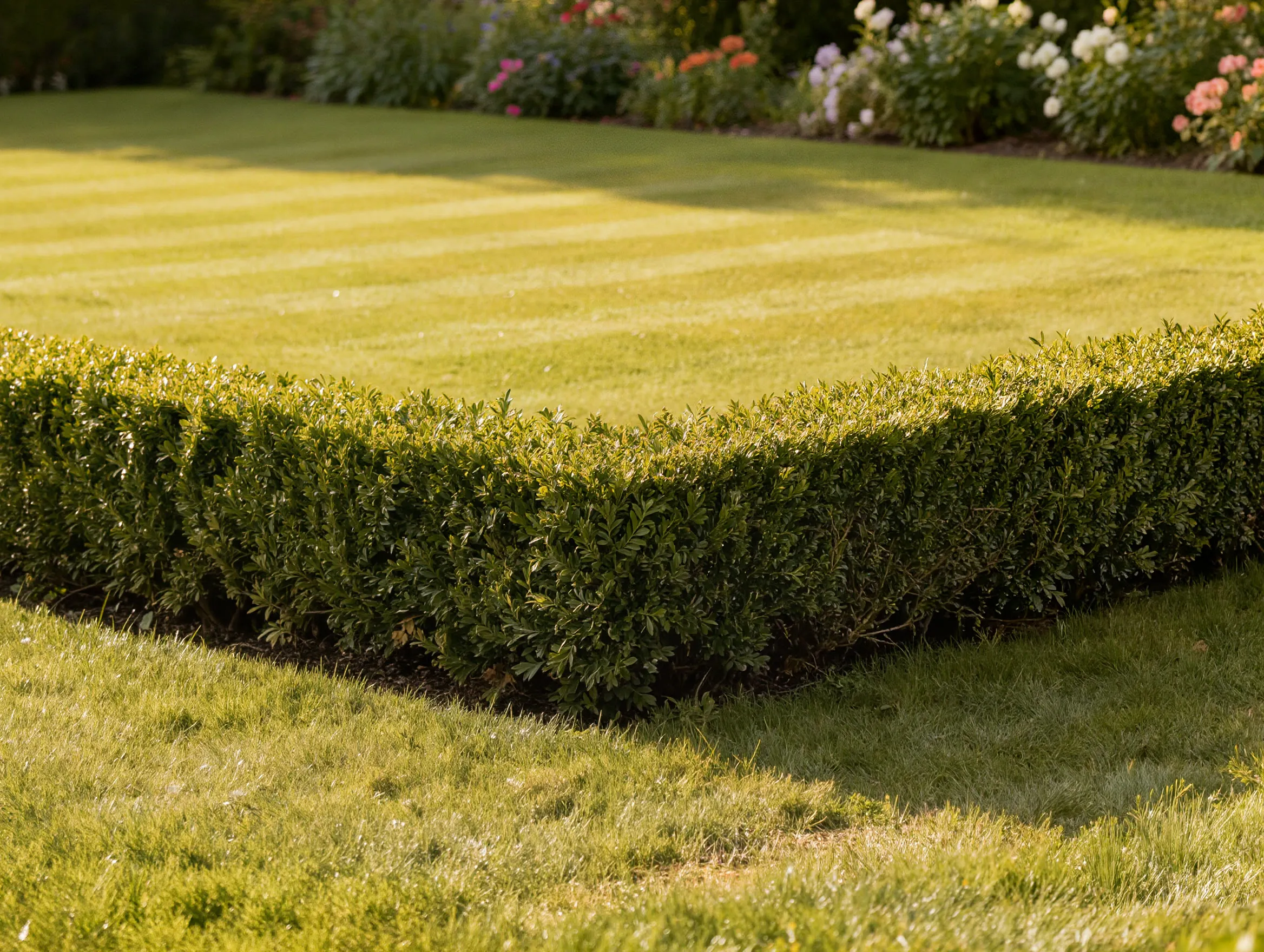 Frisch geschnittene Hecke und gemähter Rasen in einem gepflegten Garten