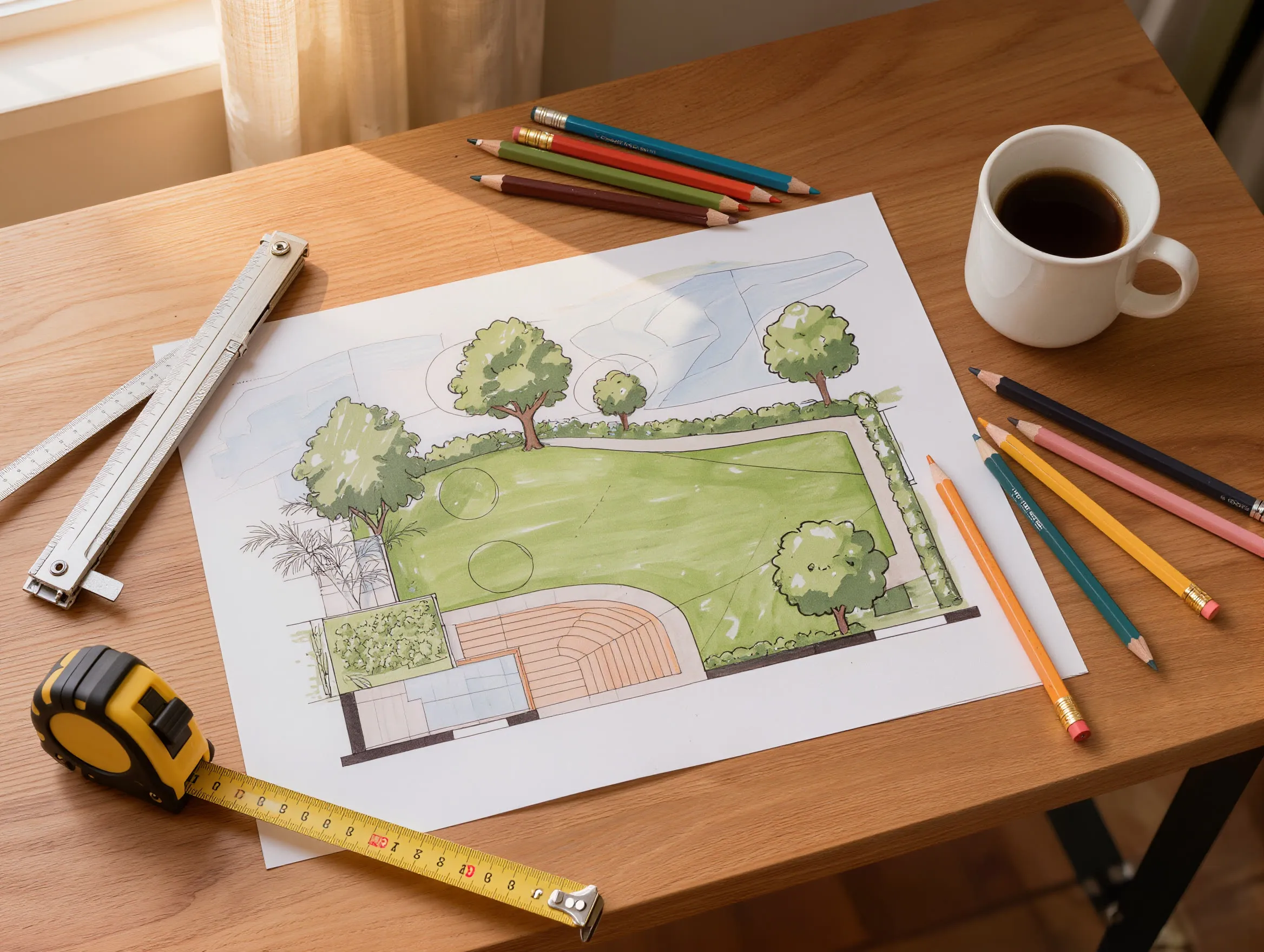 Ausgedruckter Gartenplan auf einem Tisch, daneben Maßband und Stifte