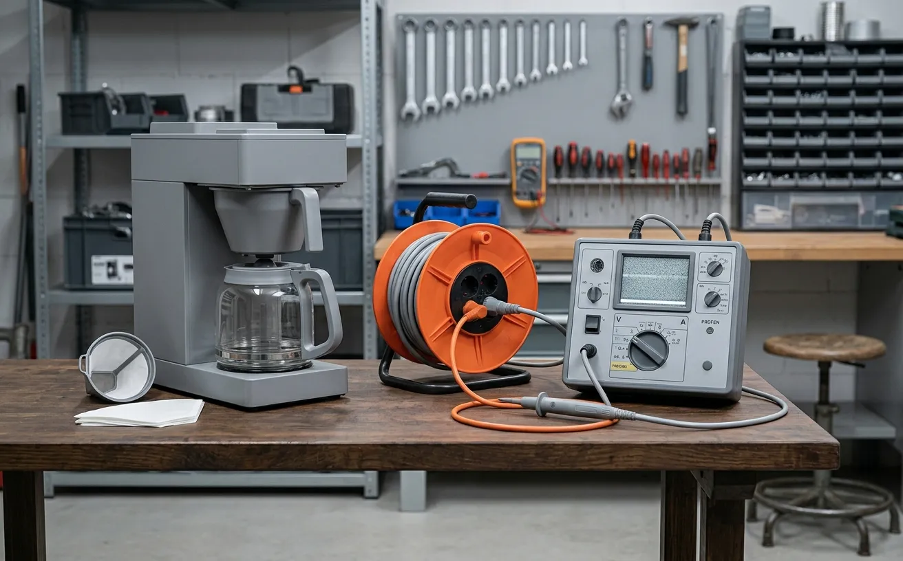 Kaffeemaschine und Kabeltrommel auf einem Werkstatttisch, daneben ein Gerätetester