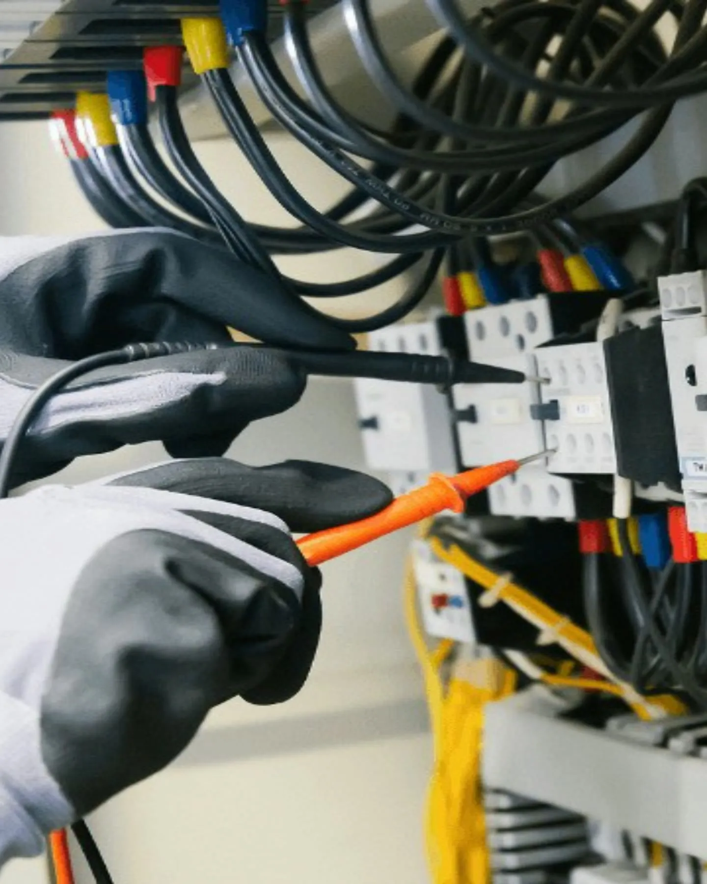 Messgerät mit Prüfspitzen an einer geöffneten Unterverteilung, Nahaufnahme