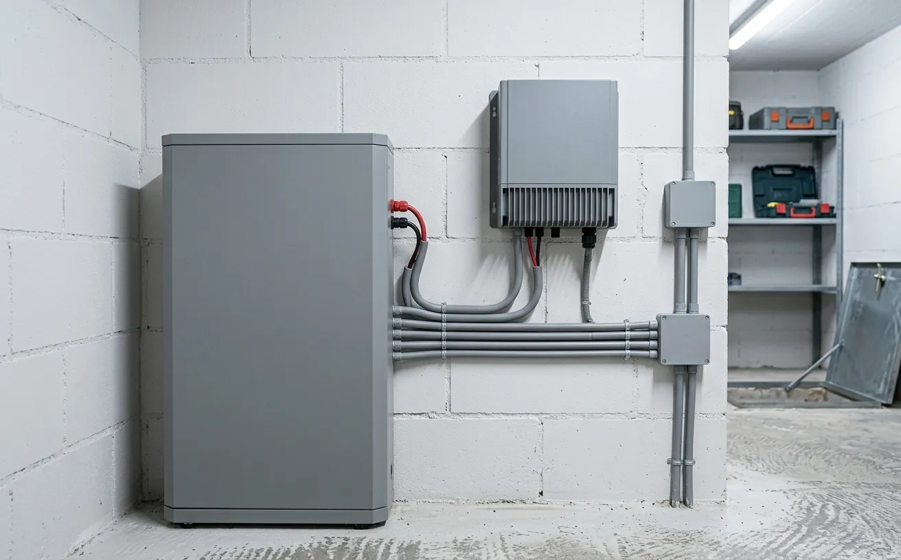 Wechselrichter und Batteriespeicher ohne Herstellerlogo an einer Kellerwand, sauber verkabelt