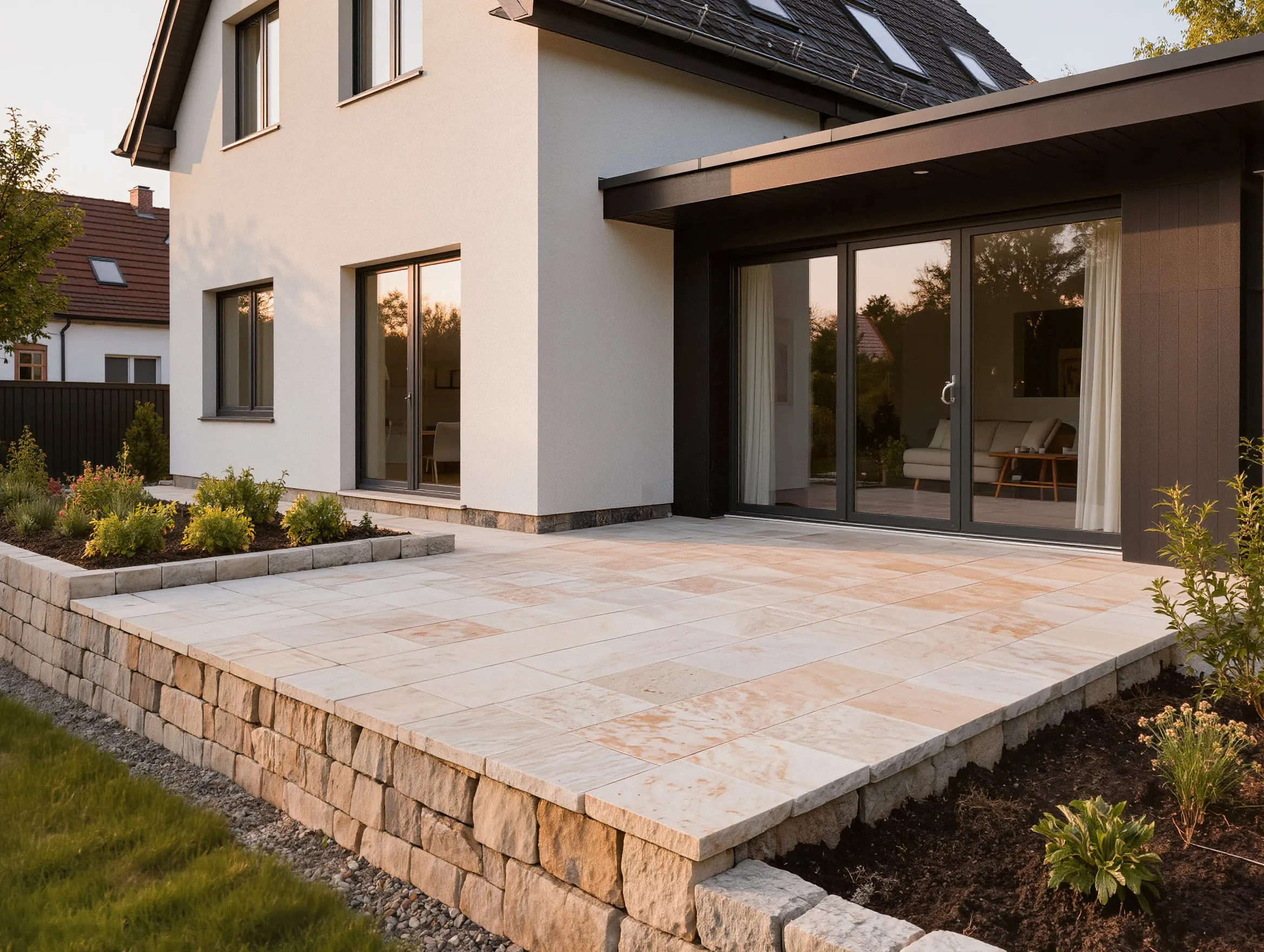 Terrasse aus hellen Kalksteinplatten mit Trockenmauer und Hochbeet