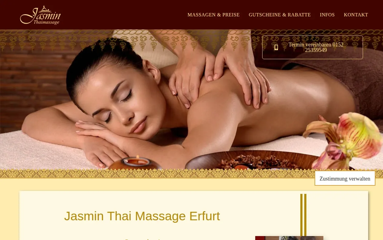 Startseite von Jasmin Thai Massage vor der Neugestaltung: dunkelrote Kopfleiste, großes Massagefoto, darunter goldene Schrift auf Cremegrund.