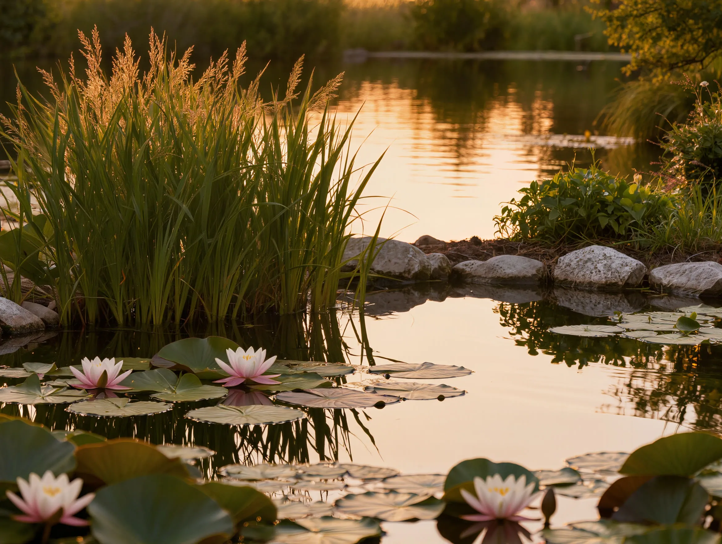 Naturnaher Gartenteich mit Seerosen und Uferstauden