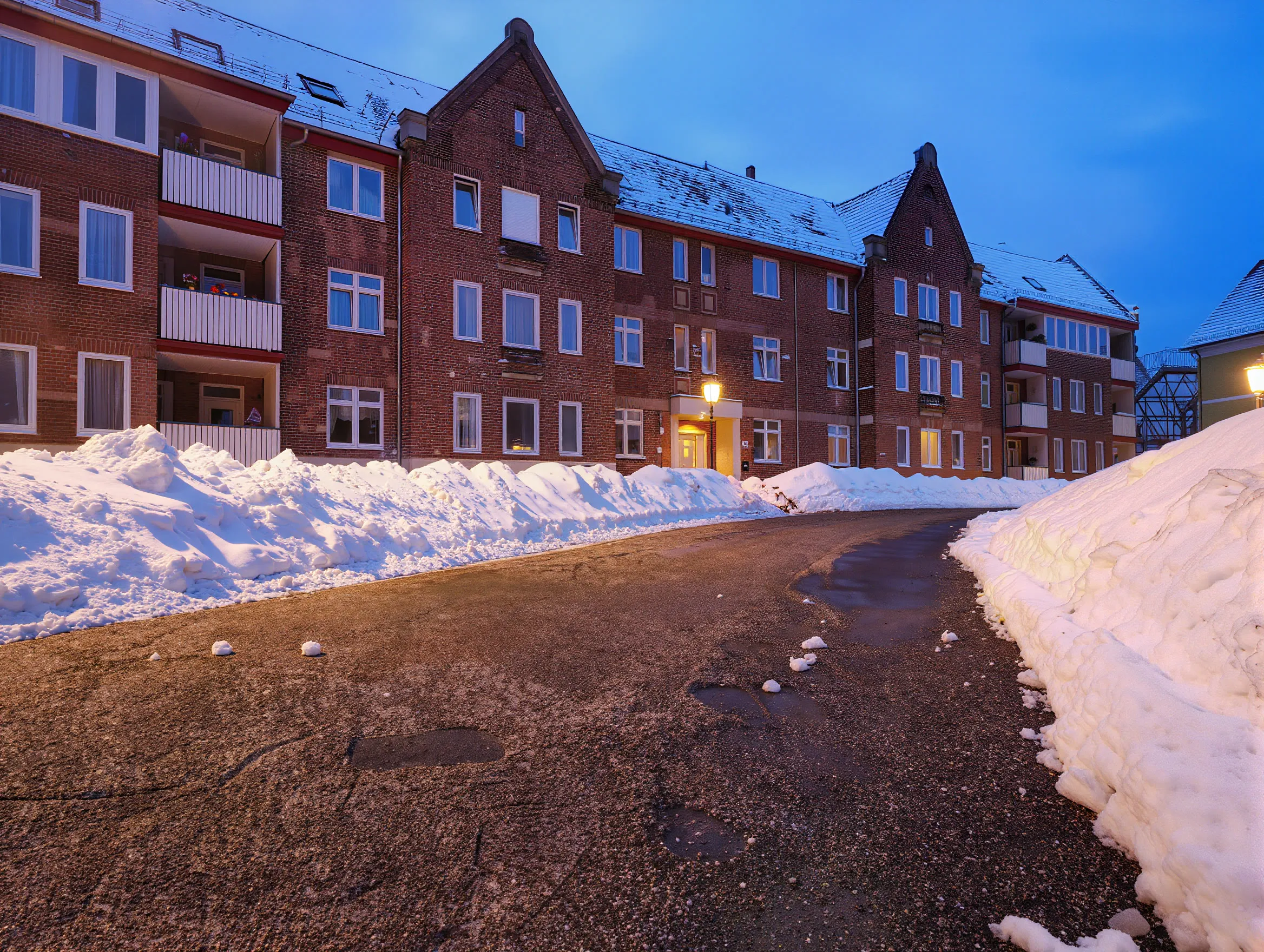 Geräumter Gehweg vor einem Mehrfamilienhaus, Schnee am Rand aufgeschoben